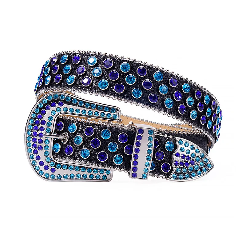 Modern black leather belt-Shiny Black Strap With Blue & Purple Rhinestone Belt