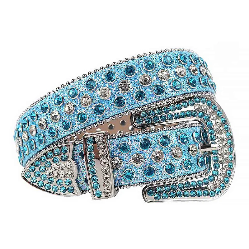 Contemporary stretch fabric belt-Sky Blue Strap With White & Sky Blue Studded Rhinestone Belt