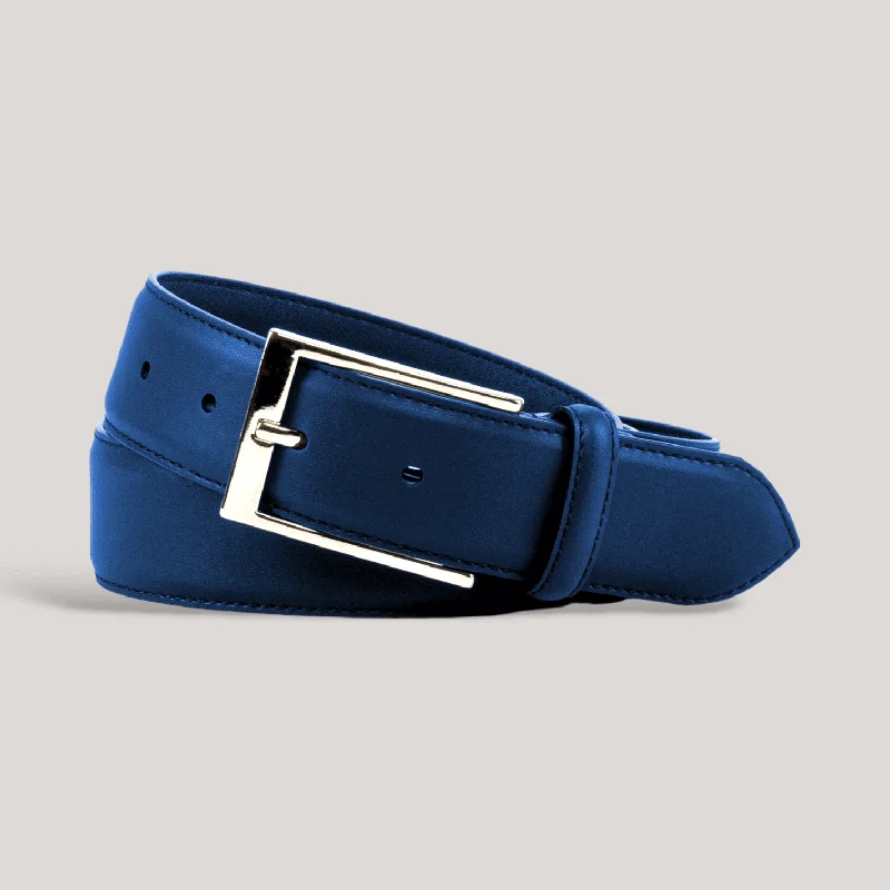 Wide leather braided belt-SOPHOS - Ultramarine Blue Vegan Belt - Silver