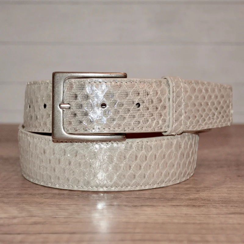 Classic leather black belt-Full Skin Belt, Silver Metallic Python