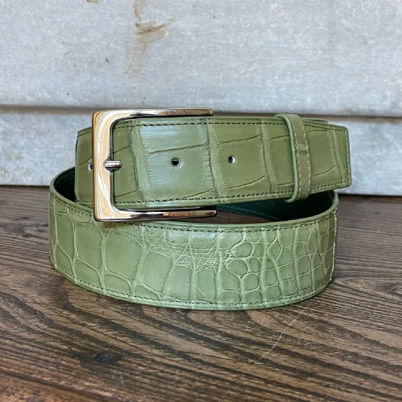 Wide leather braided belt-Full Skin Belt, Kiwi Matte Alligator