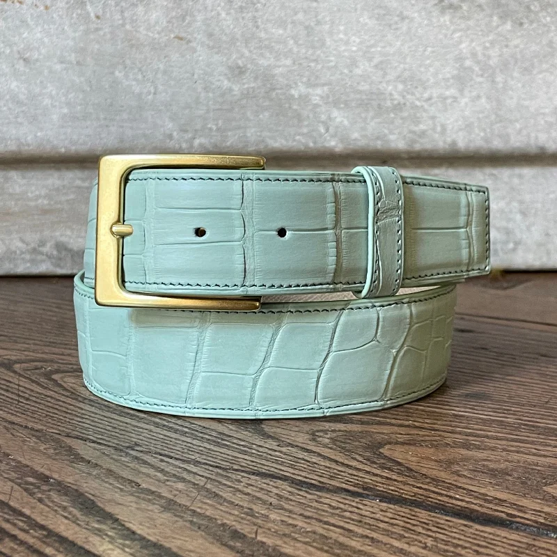 Slim leather snakeskin belt-Full Skin Belt, Mint Matte Alligator