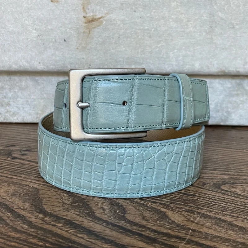 Modern silver buckle belt-Full Skin Belt, Sky Powder Matte Alligator