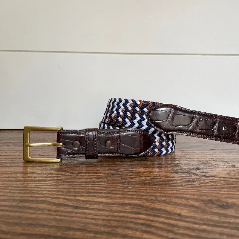 Vintage denim woven belt-The Stretch Belt, Navy, Brown, & White