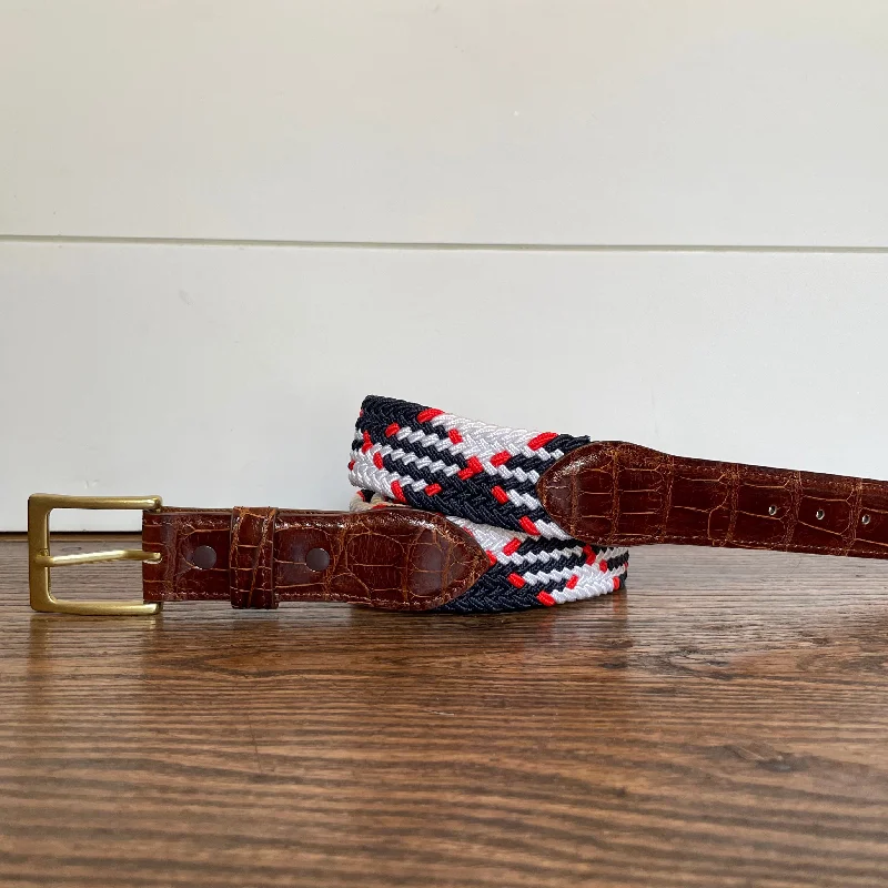 Handcrafted tan leather belt-The Stretch Belt, Red White and Navy