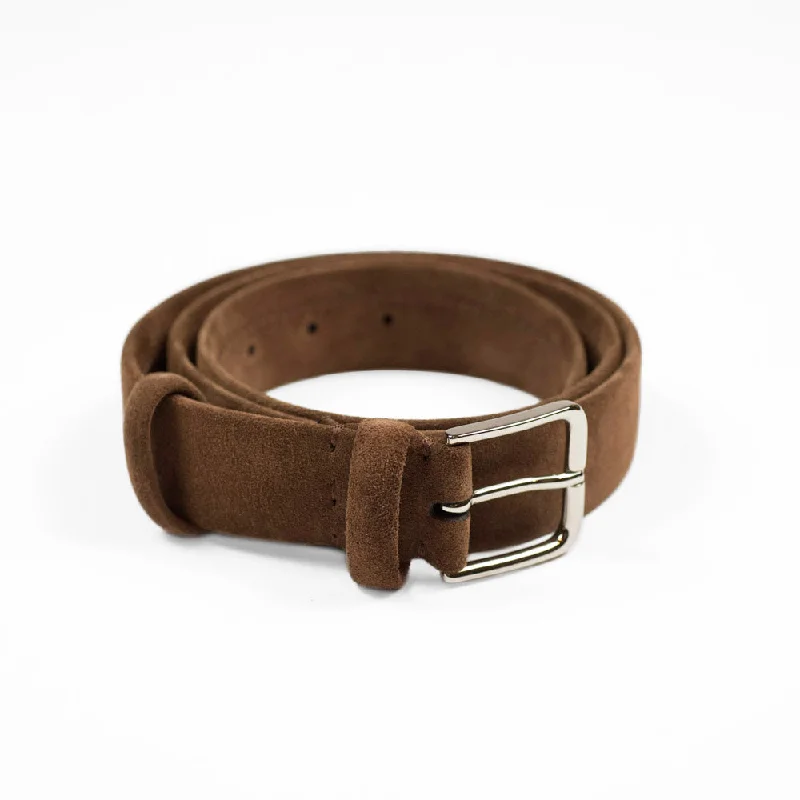 Rustic tan suede belt-Tobacco brown suede "tubo" tubular dress belt