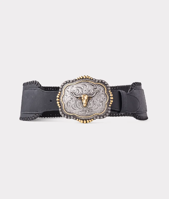 Handcrafted corduroy striped belt-Trophy Buckle Belt :: Black