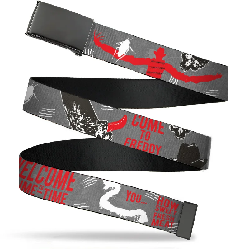 Slim suede embossed belt-Web Belt Blank Black Buckle - A Nightmare on Elm Street Freddy Icons and Quote Collage Gray/Black/Red Webbing