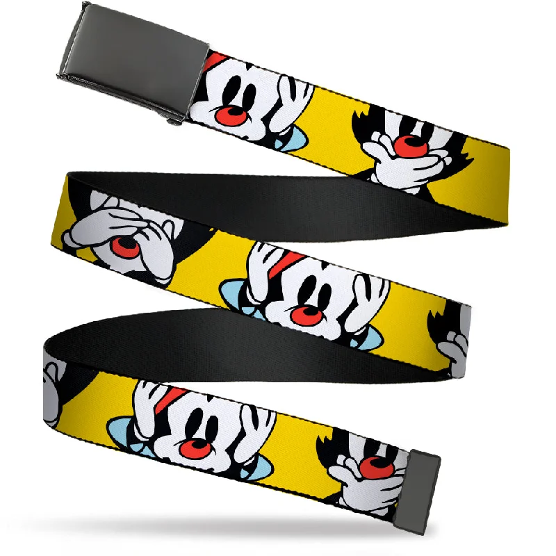 Minimalist white nylon belt-Web Belt Blank Black Buckle - Animaniacs Wakko See Hear Speak No Evil Poses Yellow Webbing