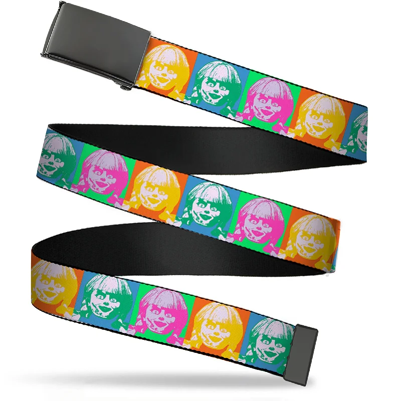 Slim canvas braided belt-Web Belt Blank Black Buckle - Annabelle Doll Face Pop Art Color Block Multi Color Webbing