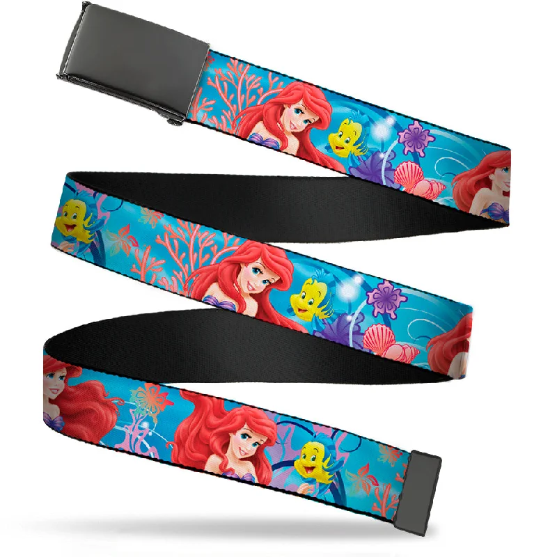 Contemporary stretch canvas belt-Web Belt Blank Black Buckle - Ariel & Flounder Vivid Underwater Poses Webbing