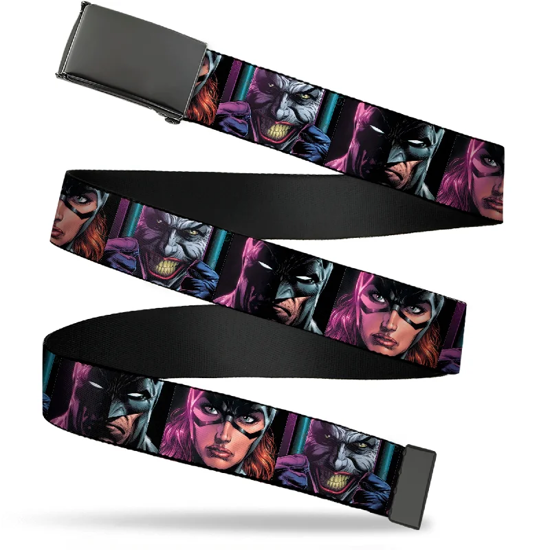 Modern matte gold belt-Web Belt Blank Black Buckle - Batman Batgirl and Joker Comic Book Cover Face Close-Ups Black Webbing