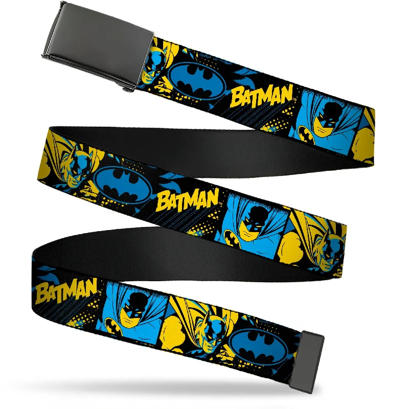 Handmade corduroy brown belt-Web Belt Blank Black Buckle - BATMAN Poses and Logo Collage Black/Blue/Yellow Webbing