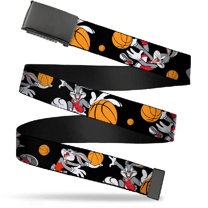 Unique reversible gray belt-Web Belt Blank Black Buckle - Bugs Bunny 4-Basketball Poses Black Webbing