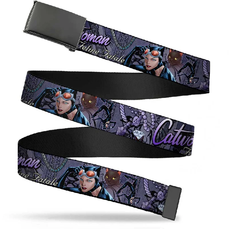 Elegant navy leather belt-Web Belt Blank Black Buckle - CATWOMAN-NINE LIVES OF A FELINE FATALE Pose2/Jewelry/Black Cat Purples Webbing