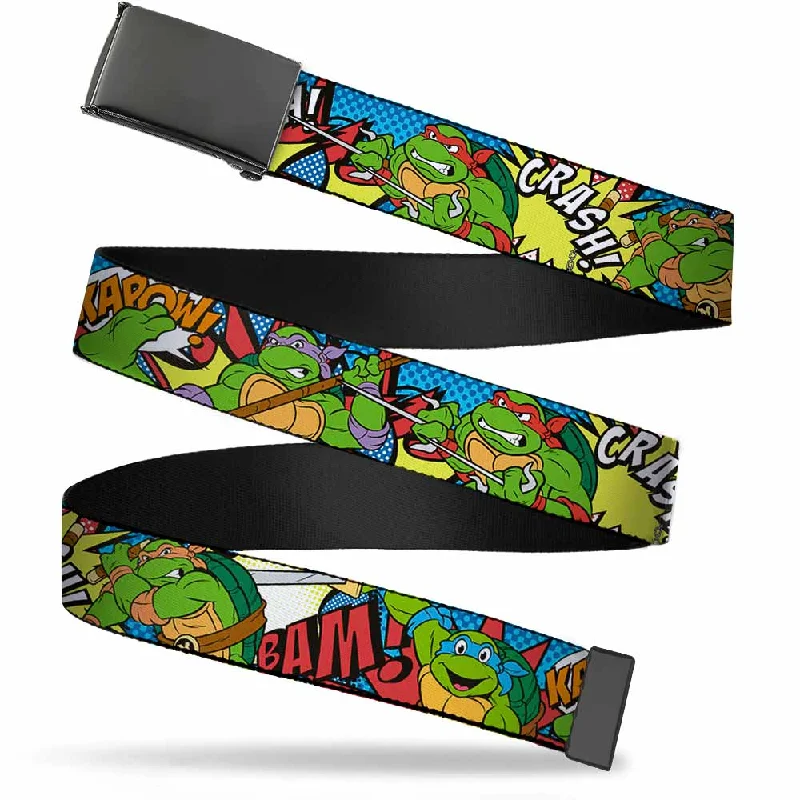 Contemporary woven nylon belt-Web Belt Blank Black Buckle - Classic Teenage Mutant Ninja Turtles Action Poses/Action Bubbles Dots Blues Webbing