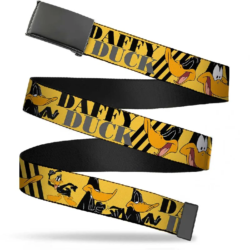 Minimalist beige leather belt-Web Belt Blank Black Buckle - DAFFY DUCK w/Poses Yellow/Black Webbing