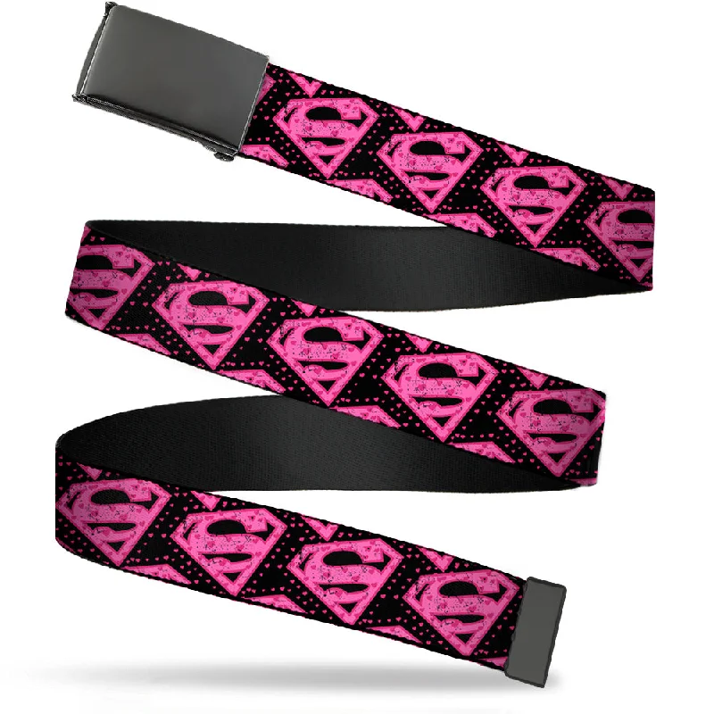 Elegant black patent belt-Web Belt Blank Black Buckle - Diagonal Superman Logo w/Hearts Black/Pink Webbing