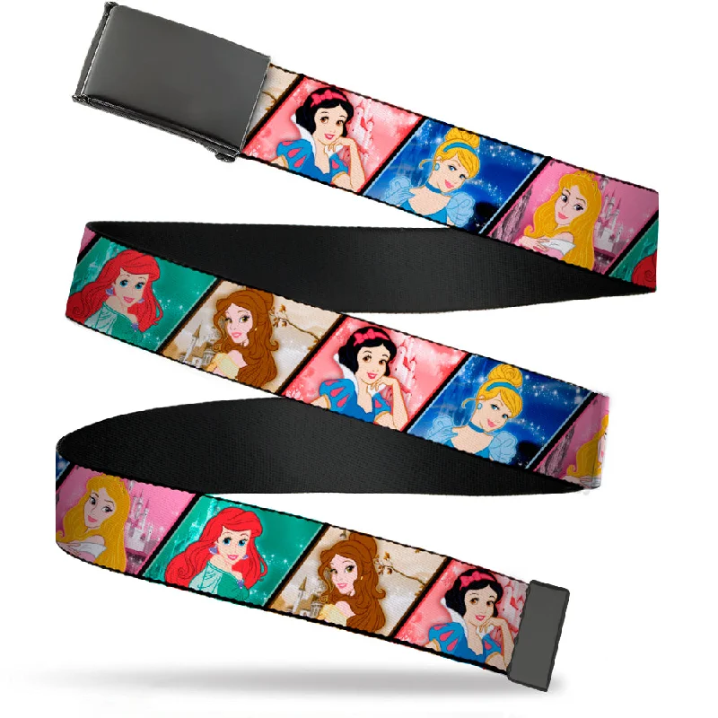 Modern black snakeskin belt-Web Belt Blank Black Buckle - Disney Princess Poses/Castle Blocks Webbing