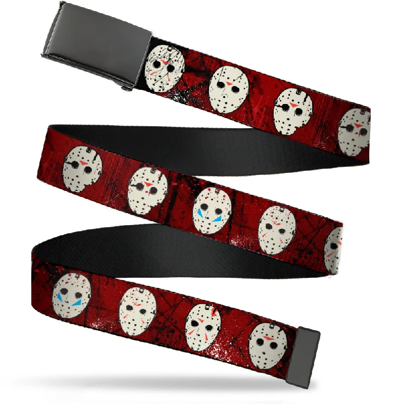 Vintage cotton military belt-Web Belt Blank Black Buckle - Friday the 13th Hockey Mask Icons Reds Webbing