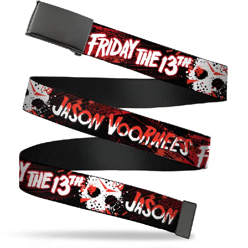 Rustic tan suede belt-Web Belt Blank Black Buckle - FRIDAY THE 13TH JASON VOORHIES Mask Text Black/Red/White Webbing