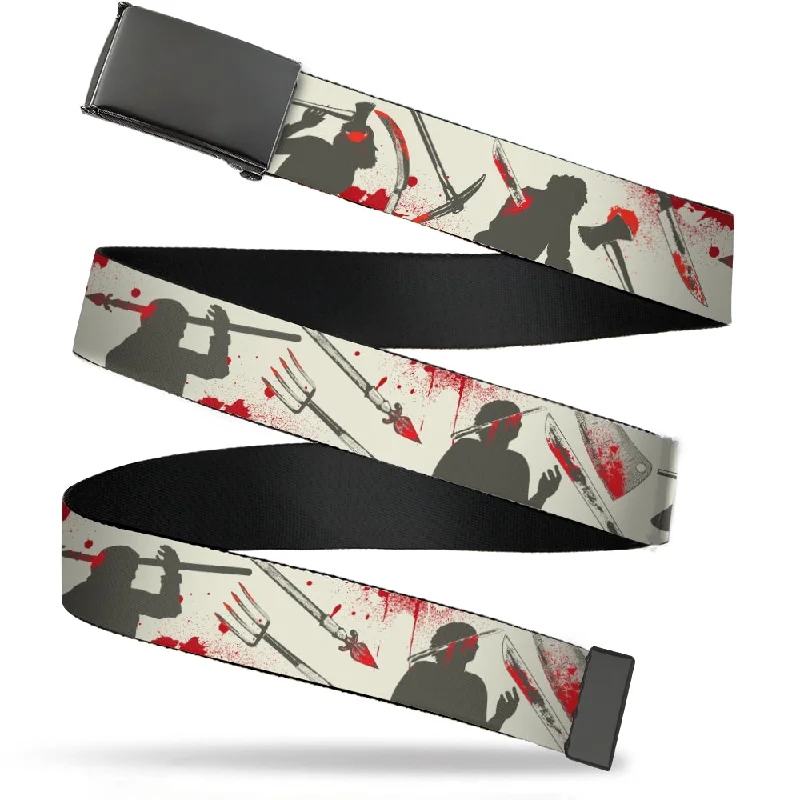 Wide leather snakeskin belt-Web Belt Blank Black Buckle - Friday the 13th Weapons and Character Icons Collage Beige/Gray/Red Webbing