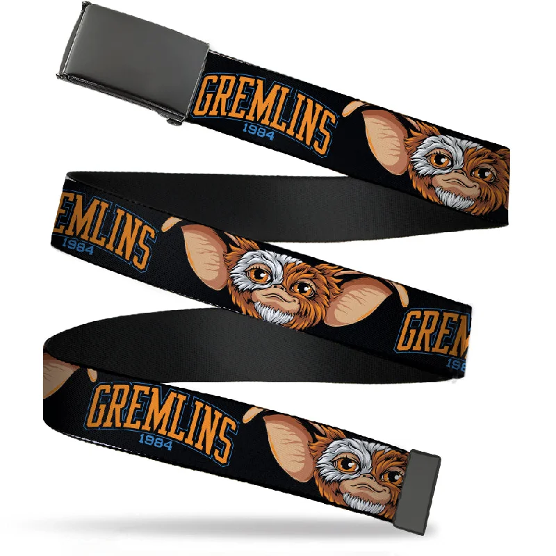 Vintage cotton striped belt-Web Belt Blank Black Buckle - GREMLINS 1984 Gizmo Face Close-Up Black Webbing