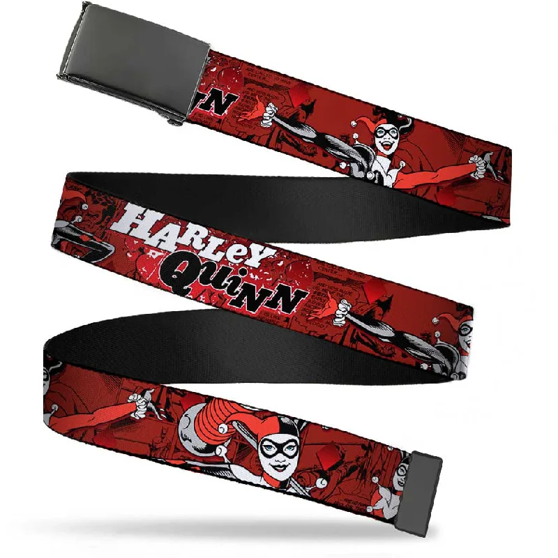 Contemporary stretch suede belt-Web Belt Blank Black Buckle - HARLEY QUINN Poses/Comic Book Scenes Reds/Black Webbing