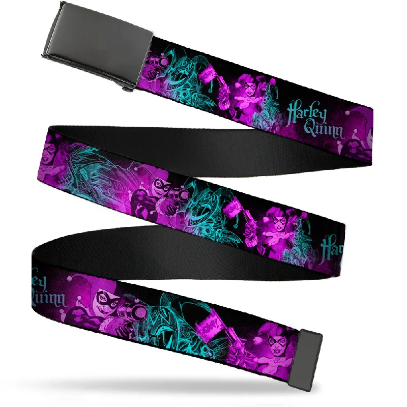 Minimalist gray nylon belt-Web Belt Blank Black Buckle - HARLEY QUINN Pow & Aiming Poses/Joker Sketch Black/Turquoise/Fuchsia Webbing