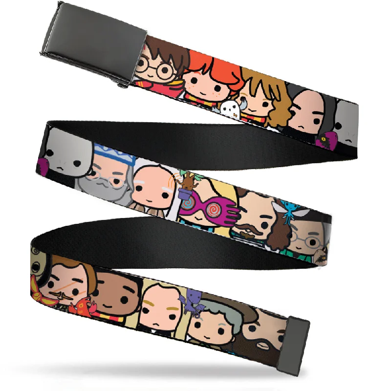 Wide suede boho belt-Web Belt Blank Black Buckle - Harry Potter Chibi Charm Character Faces Close-Up Webbing