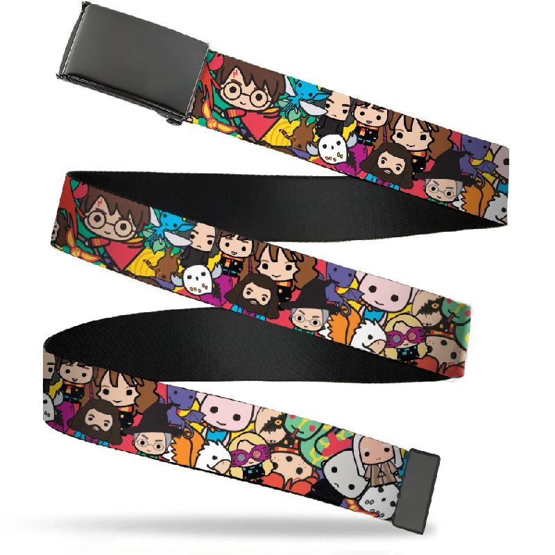 Handmade suede studded belt-Web Belt Blank Black Buckle - Harry Potter Chibi Charms Characters Stacked Webbing