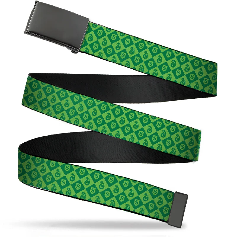 Minimalist tan canvas belt-Web Belt Blank Black Buckle - Harry Potter Slytherin Icons Checker Greens Webbing