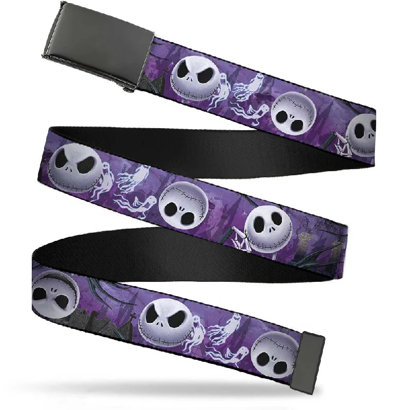 Slim patent leather belt-Web Belt Blank Black Buckle - Jack Expressions/Ghosts in Cemetery Purples/Grays/White Webbing