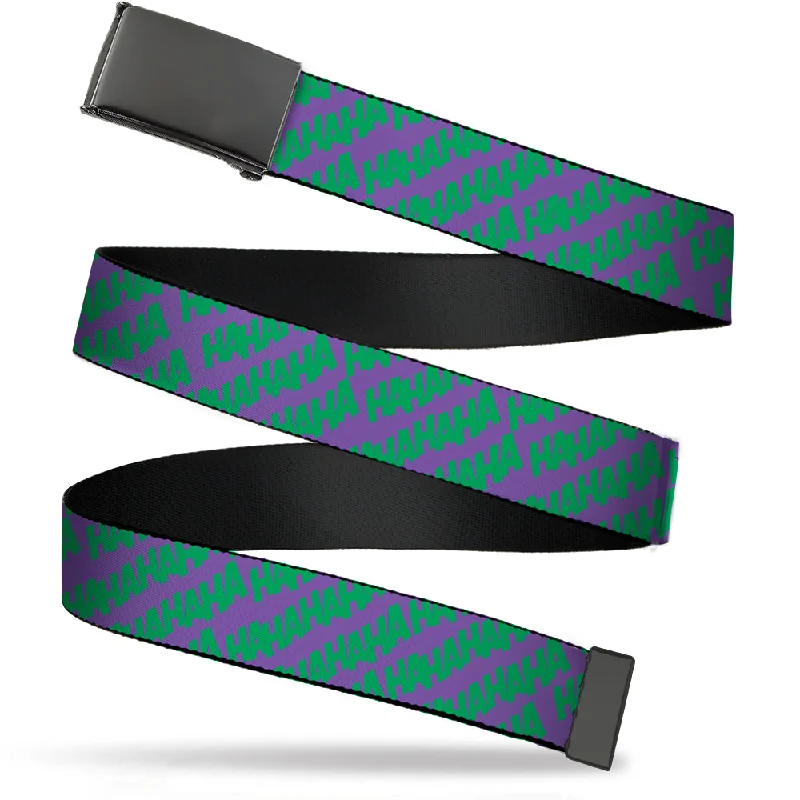 Unique brass buckle belt-Web Belt Blank Black Buckle - Joker HAHAHA Purple/Green Webbing