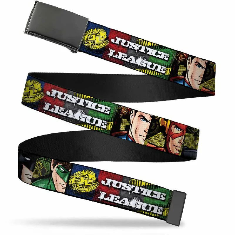 Modern black patent belt-Web Belt Blank Black Buckle - JUSTICE LEAGUE Logo/4-Superhero Panels Pop Art Webbing