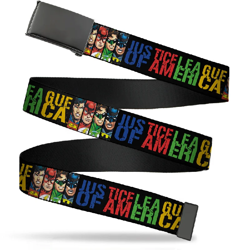 Unique reversible tan belt-Web Belt Blank Black Buckle - JUSTICE LEAGUE OF AMERICA w/Superhero Blocks Black/Multi Color Webbing