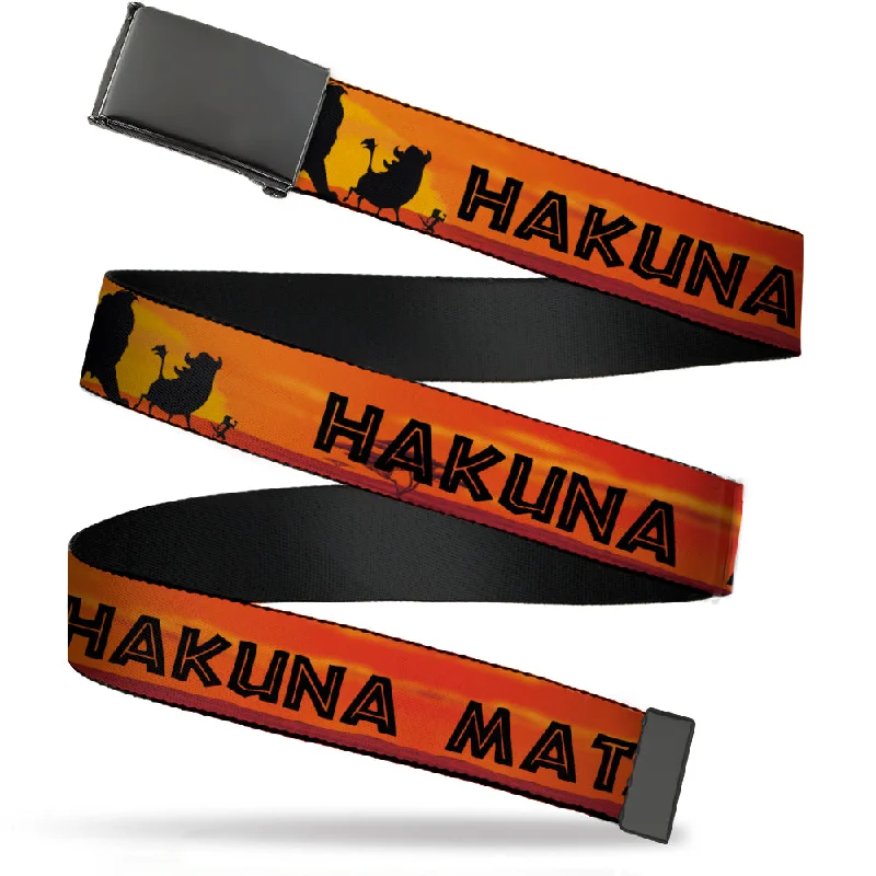 Slim leather floral belt-Web Belt Blank Black Buckle - Lion King HAKUNA MATATA Sunset Oranges/Black Webbing