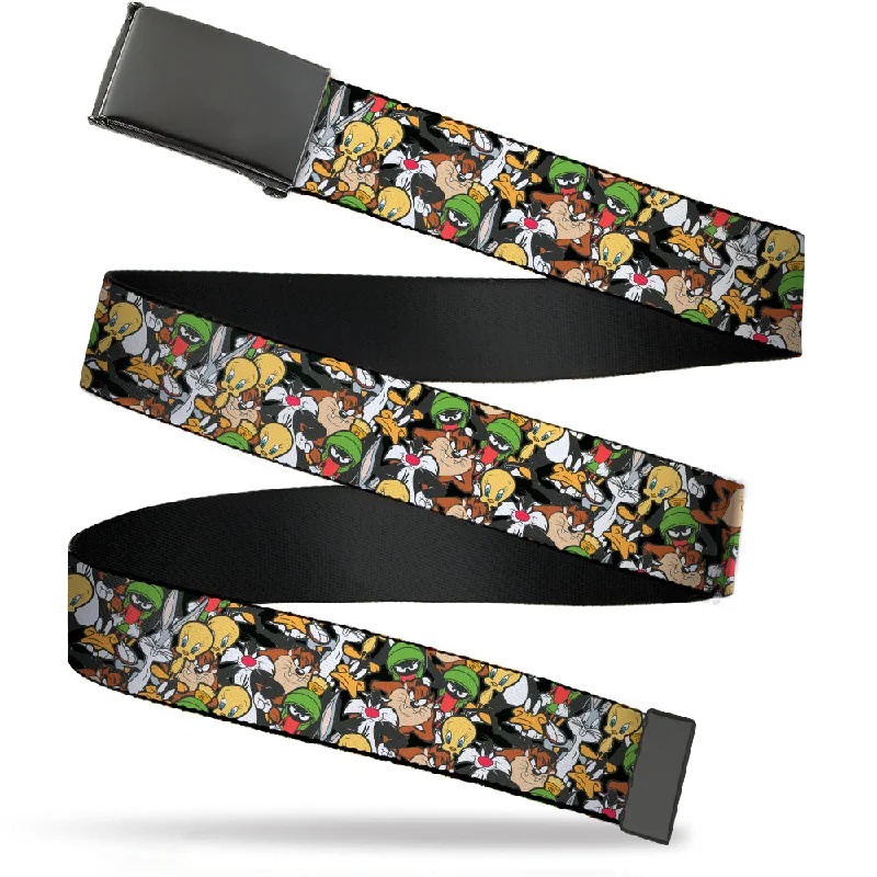 Modern black leather belt-Web Belt Blank Black Buckle - Looney Tunes 6-Character Stacked Collage4 Webbing