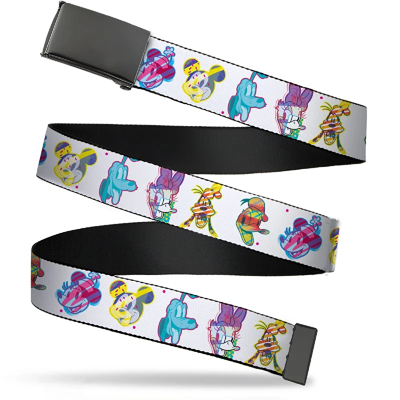 Modern silver buckle belt-Web Belt Blank Black Buckle - Mickey and Friends Sensational 6 Expressions Scribble White/Multi Color Webbing