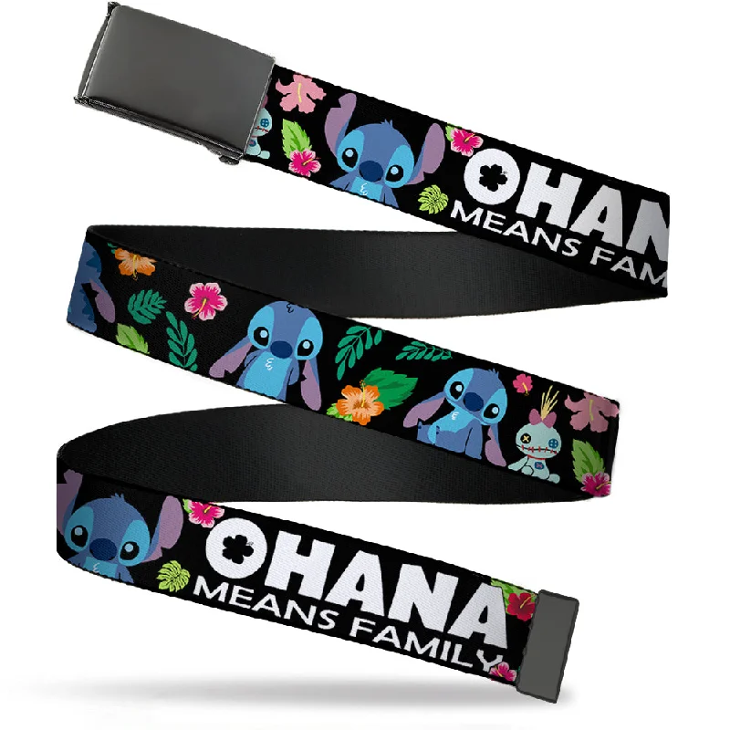 Wide leather cowboy belt-Web Belt Blank Black Buckle - OHANA MEANS FAMILY/Stitch & Scrump Poses/Tropical Flora Black/White/Multi Color Webbing