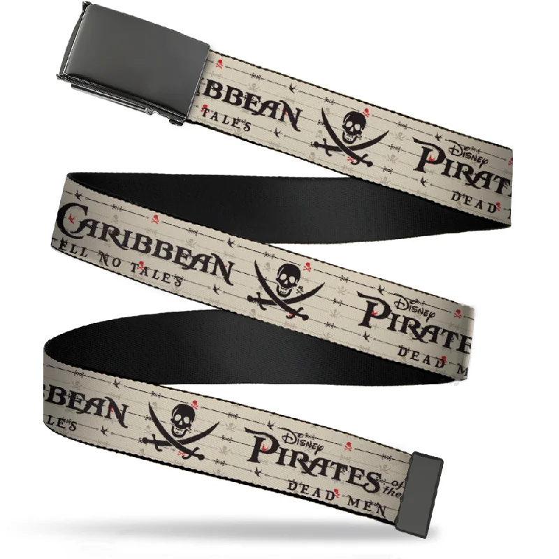 Minimalist white canvas belt-Web Belt Blank Black Buckle - PIRATES OF THE CARIBBEAN-DEAD MEN TELL NO TALES/Skull & Crossed Swords Cream/Black/Red Webbing