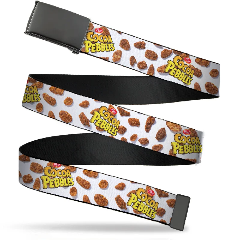 Handmade corduroy gray belt-Web Belt Blank Black Buckle - POST COCOA PEBBLES Logo and Cereal Pebbles Scattered White/Browns Webbing