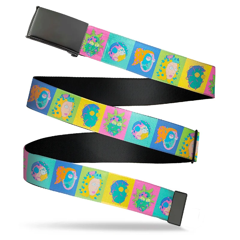 Contemporary woven hemp belt-Web Belt Blank Black Buckle - Rick and Morty Smith Family Cell Face Blocks Multi Color Webbing