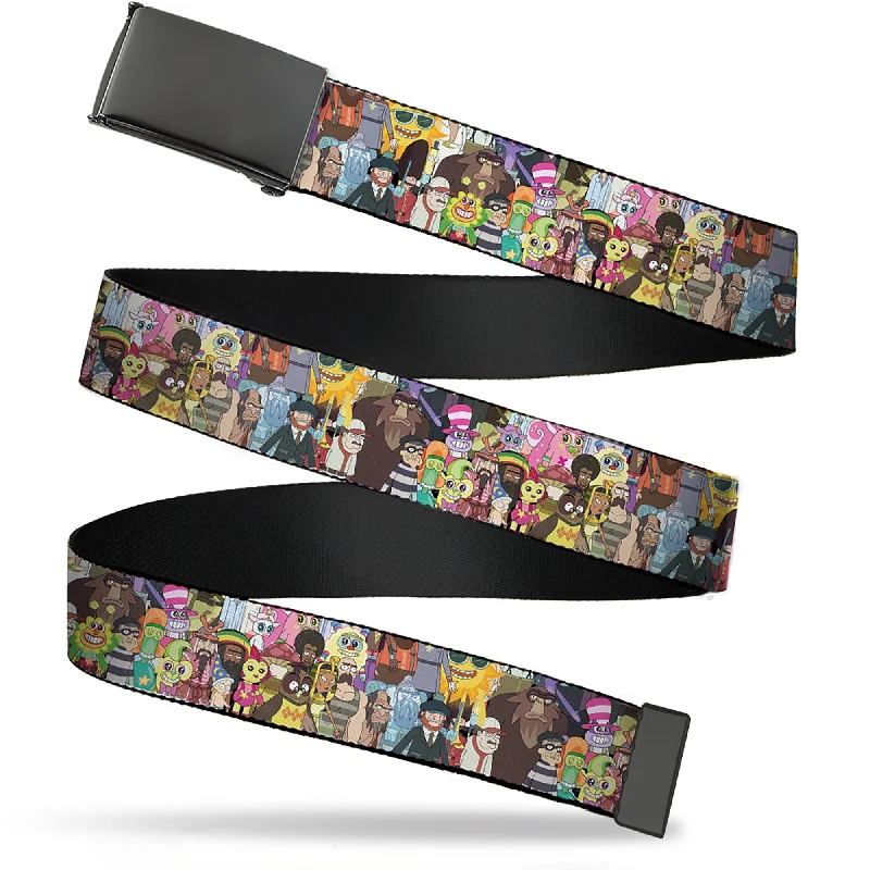 Wide nylon cargo belt-Web Belt Blank Black Buckle - Rick and Morty Total Rickall Parasite Characters Stacked Webbing