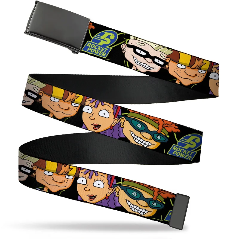 Rustic brown fabric belt-Web Belt Blank Black Buckle - ROCKET POWER RP Logo/4-Character Faces CLOSE-UP Black/Green/Blue Webbing