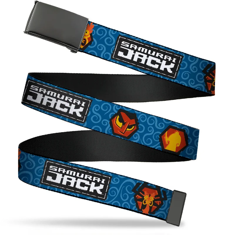 Contemporary woven leather buckle-Web Belt Blank Black Buckle - SAMURAI JACK Title Logo and Icons with Swirl Blues Webbing