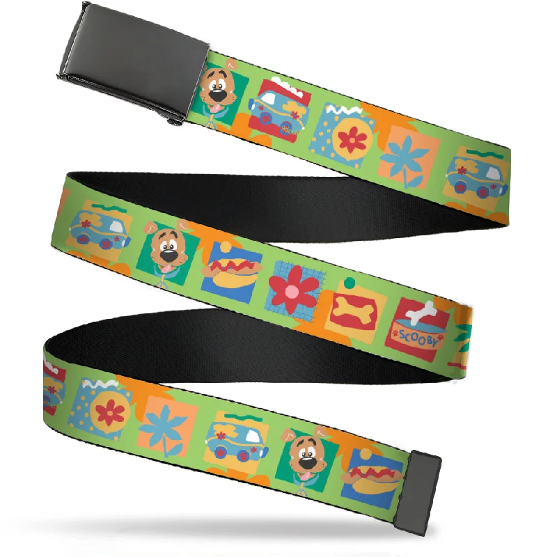 Unique vintage silver buckle-Web Belt Blank Black Buckle - Scooby Doo Chibi Icon Blocks Green/Multi Color Webbing