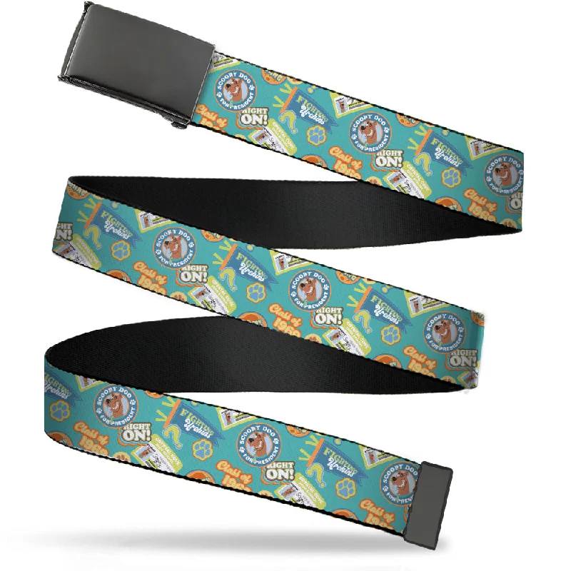 Wide suede floral belt-Web Belt Blank Black Buckle - Scooby Doo School Spirit Icons Collage Blue Webbing