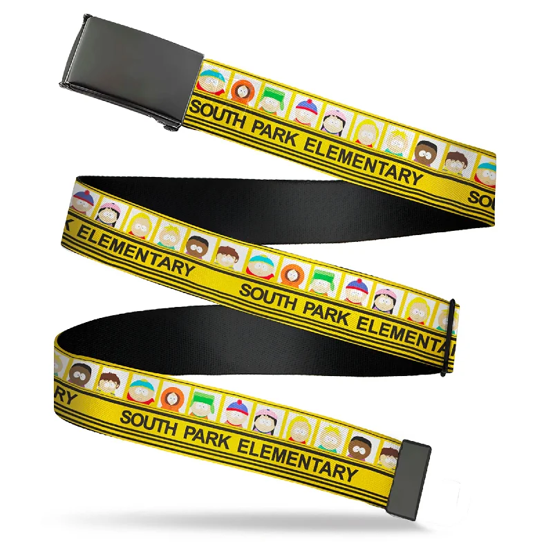 Contemporary elastic nylon belt-Web Belt Blank Black Buckle - SOUTH PARK ELEMENTARY School Bus Characters Pose Yellow Webbing