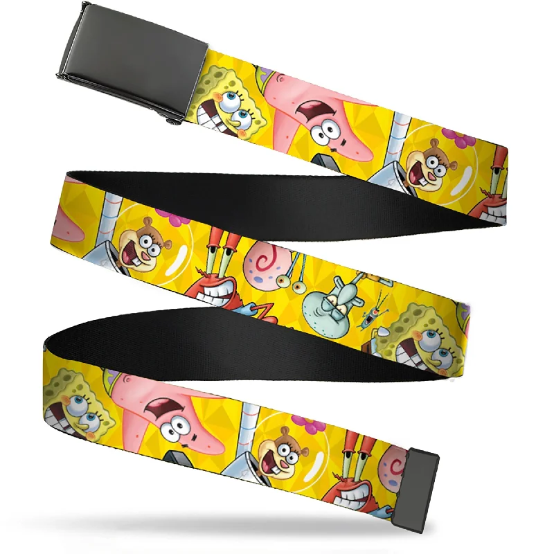 Unique reversible silver belt-Web Belt Blank Black Buckle - SpongeBob and Friends Poses Scattered Yellows Webbing